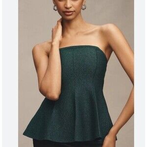 Anthropologie Hourglass Green Peplum Glitter Holiday Knit Tank Top Women’s Small